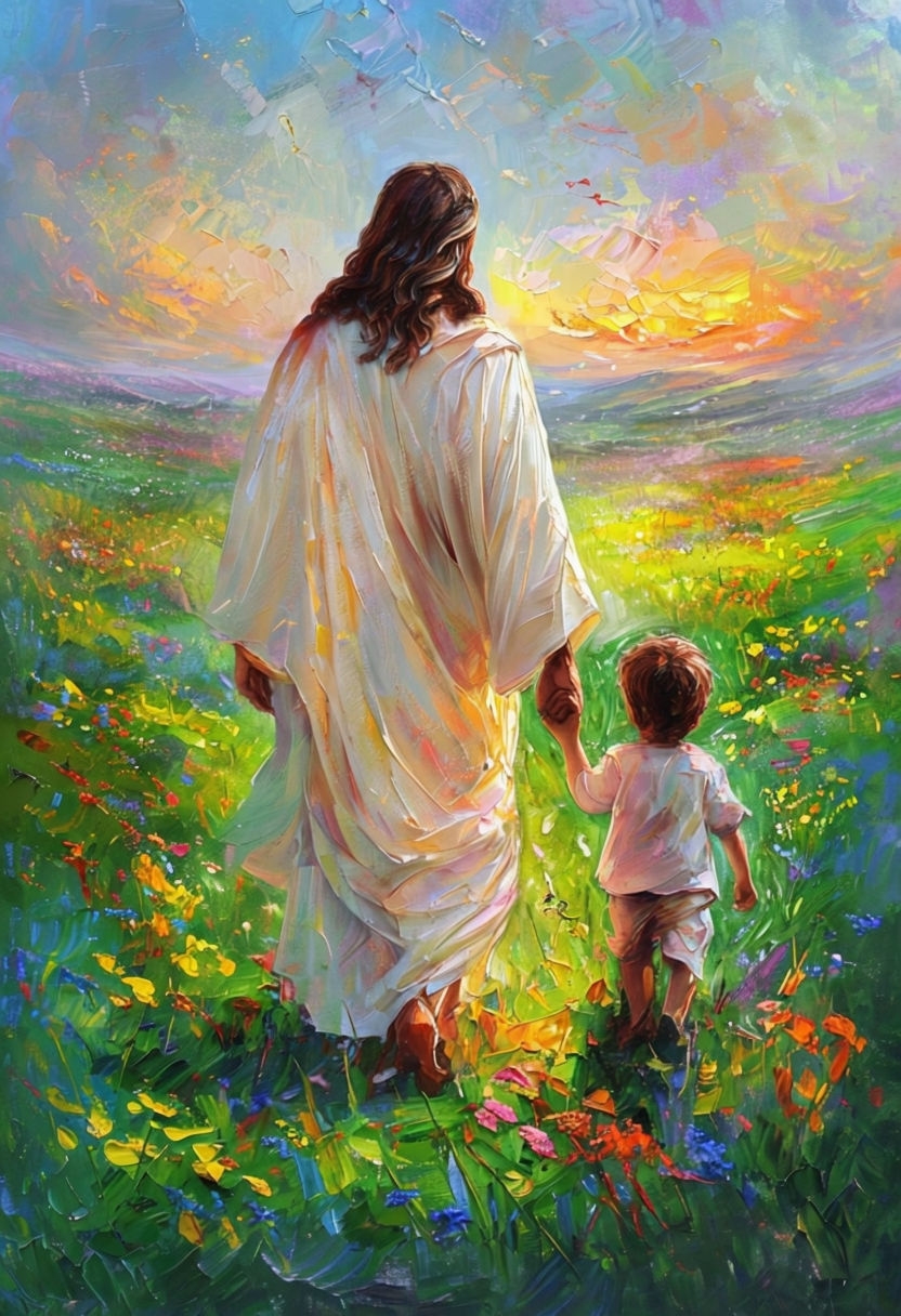 Vibrant Impressionistic Jesus and Child in Colorful Meadow Art