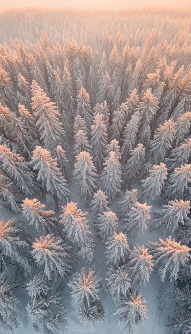 Serene Aerial View of Snowy Forest at Sunset Mobile Wallpaper