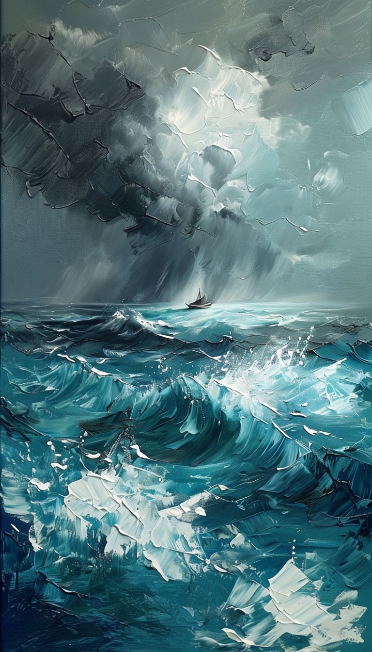 Dynamic Stormy Seascape Acrylic Painting with Textured Waves Art