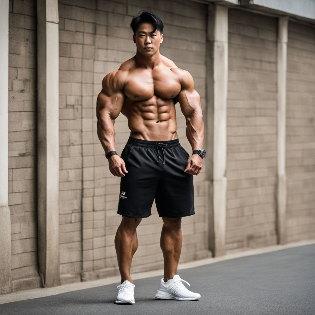 professional photo of a handsome asian male muscular beefy bodybuilder