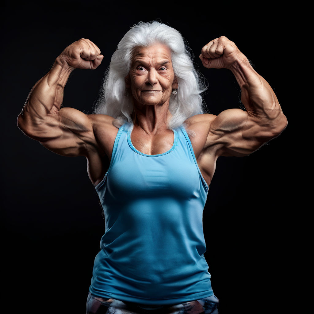 Hyper muscular grandma with huge biceps doing a front double... by Ken ...