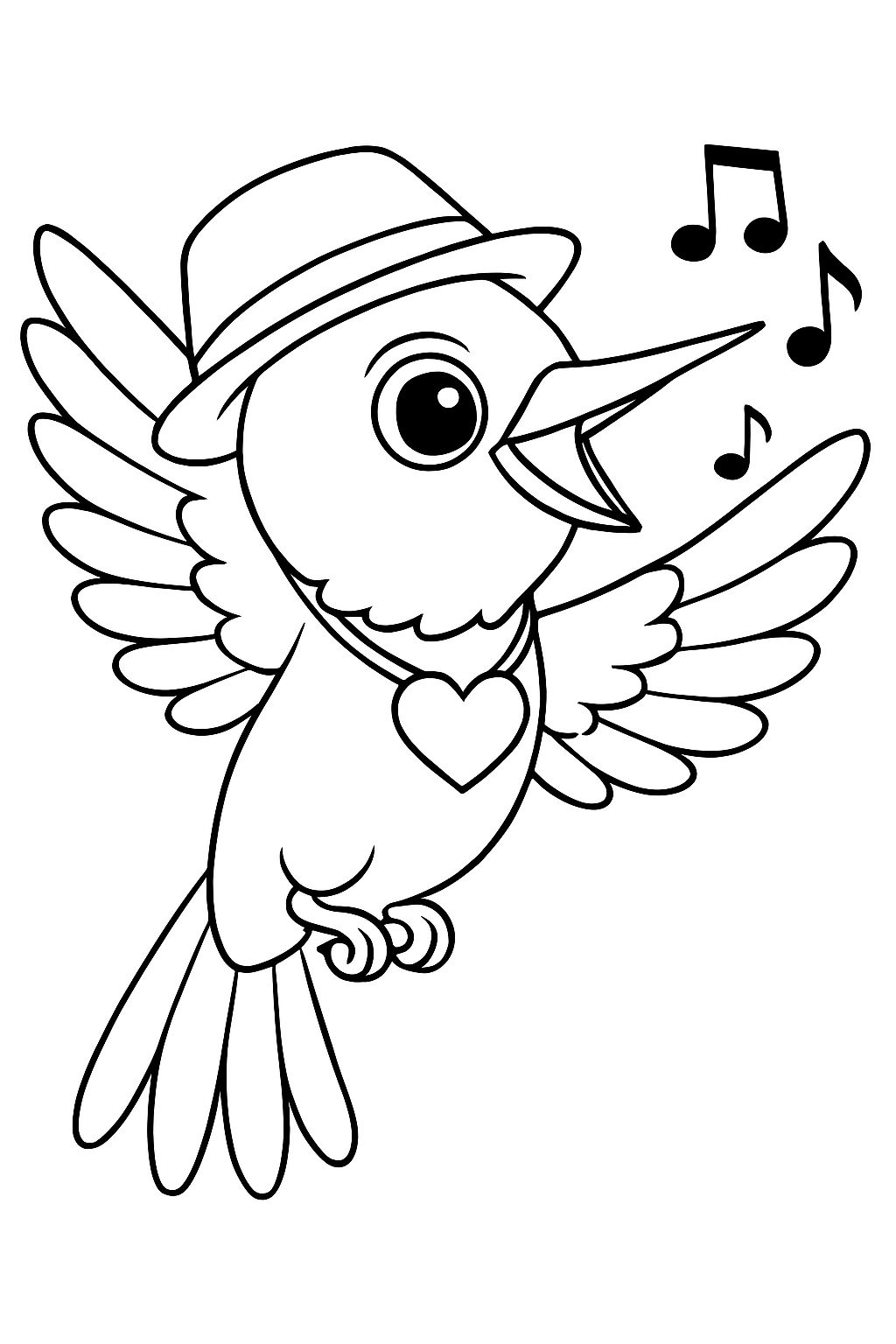Charming Cartoon Singing Bird with Hat Line Art Coloring Book Pages