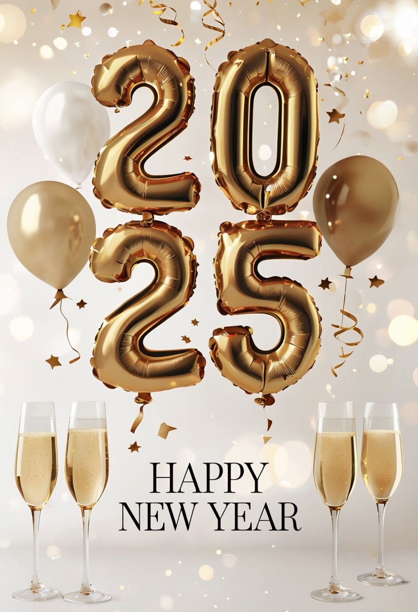 Elegant Gold Balloon Happy New Year Greeting Card Social Media Post