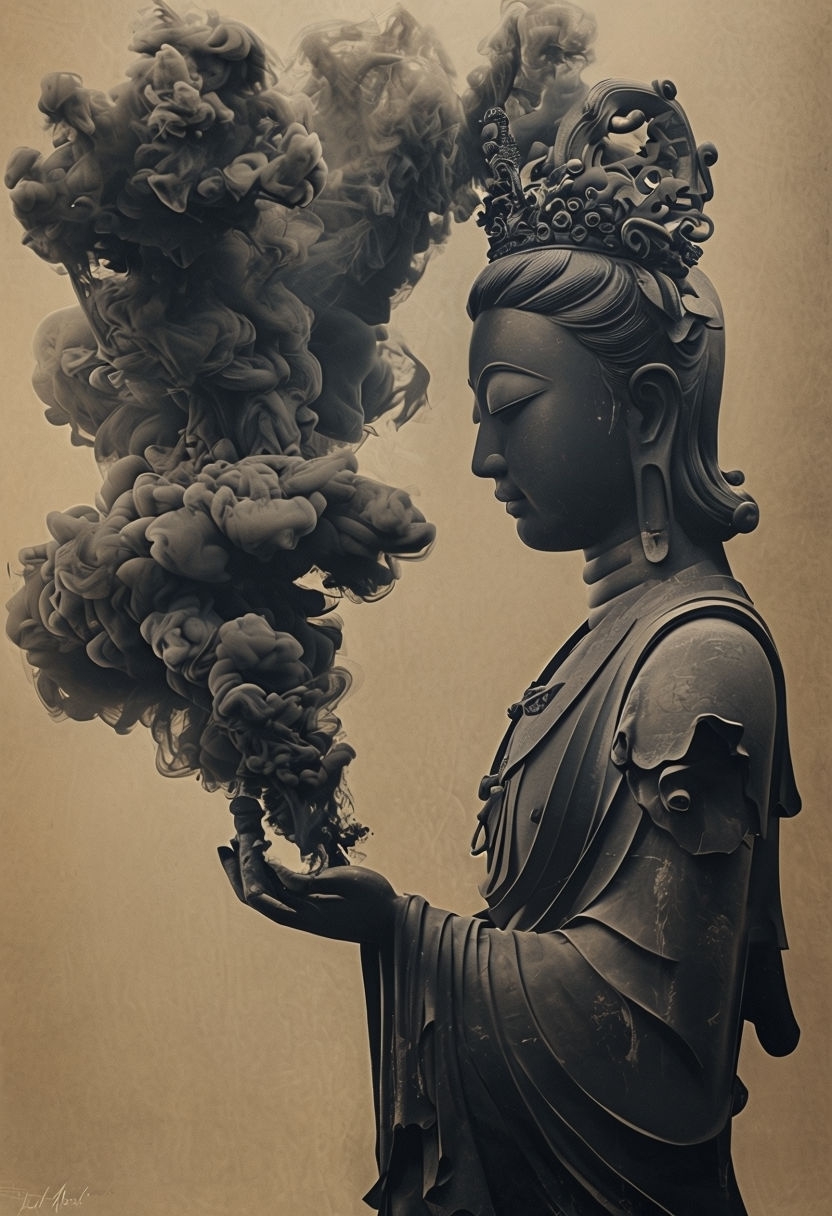 Mystical Dark Statue with Ethereal Smoke Illustration Art