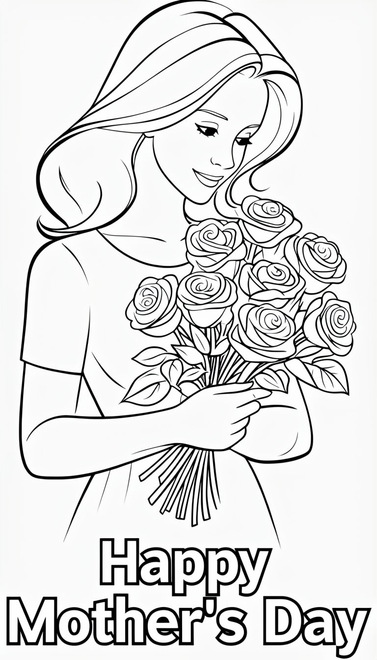 Mother Holding Bouquet of Roses Happy Mother's Day Coloring Page