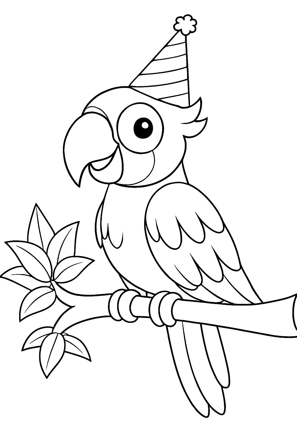 Playful Cartoon Parrot with Party Hat Coloring Book Page