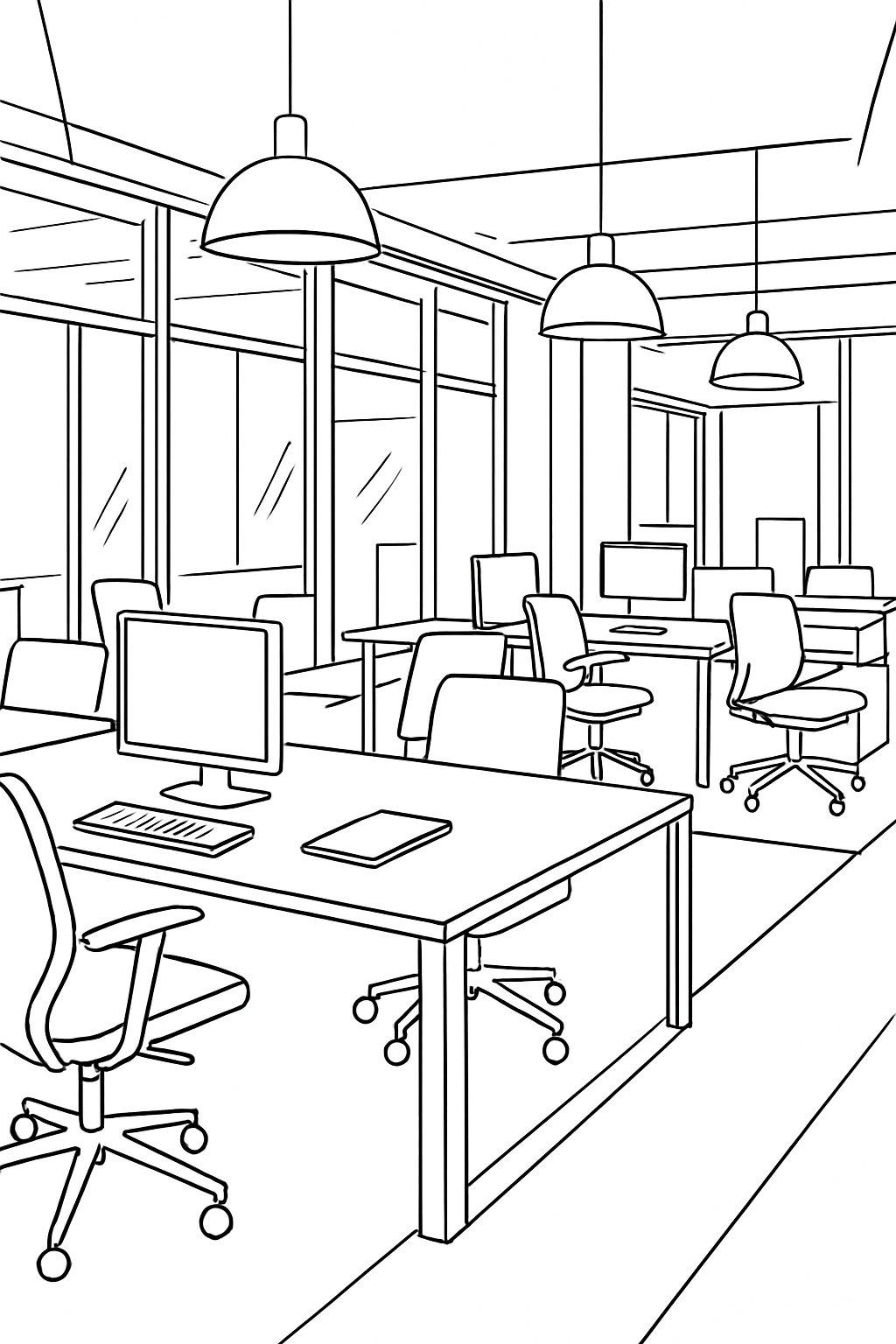 Modern Minimalist Office Space Line Drawing Coloring Book Page