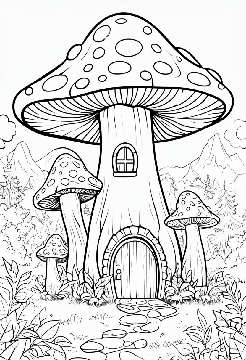 Whimsical Black-and-White Mushroom House Coloring Book Page