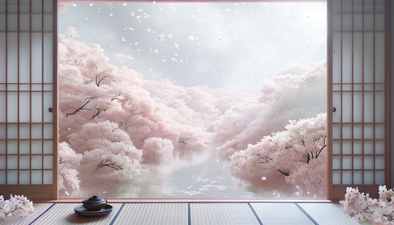 Serene Japanese Tea House Floating in Cherry Blossom Clouds Background