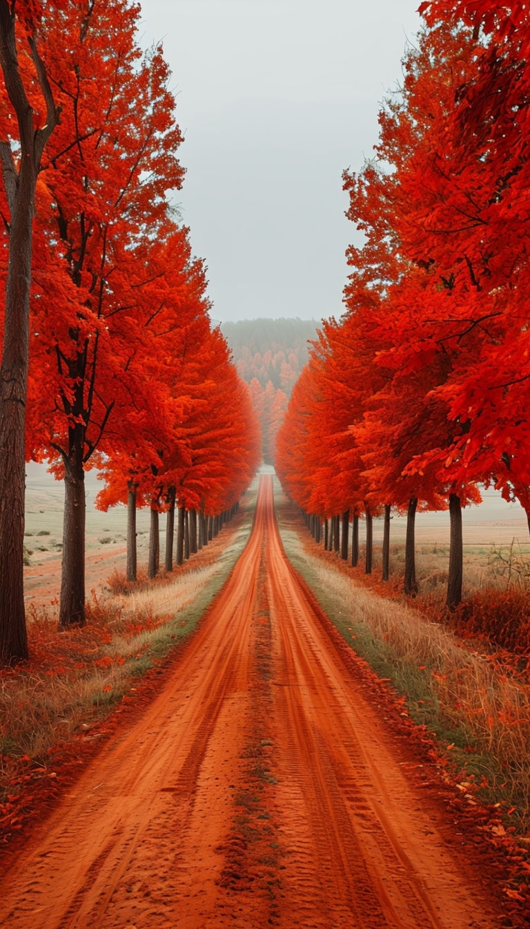 Serene Autumn Landscape with Red Dirt Road and Trees Mobile Wallpaper