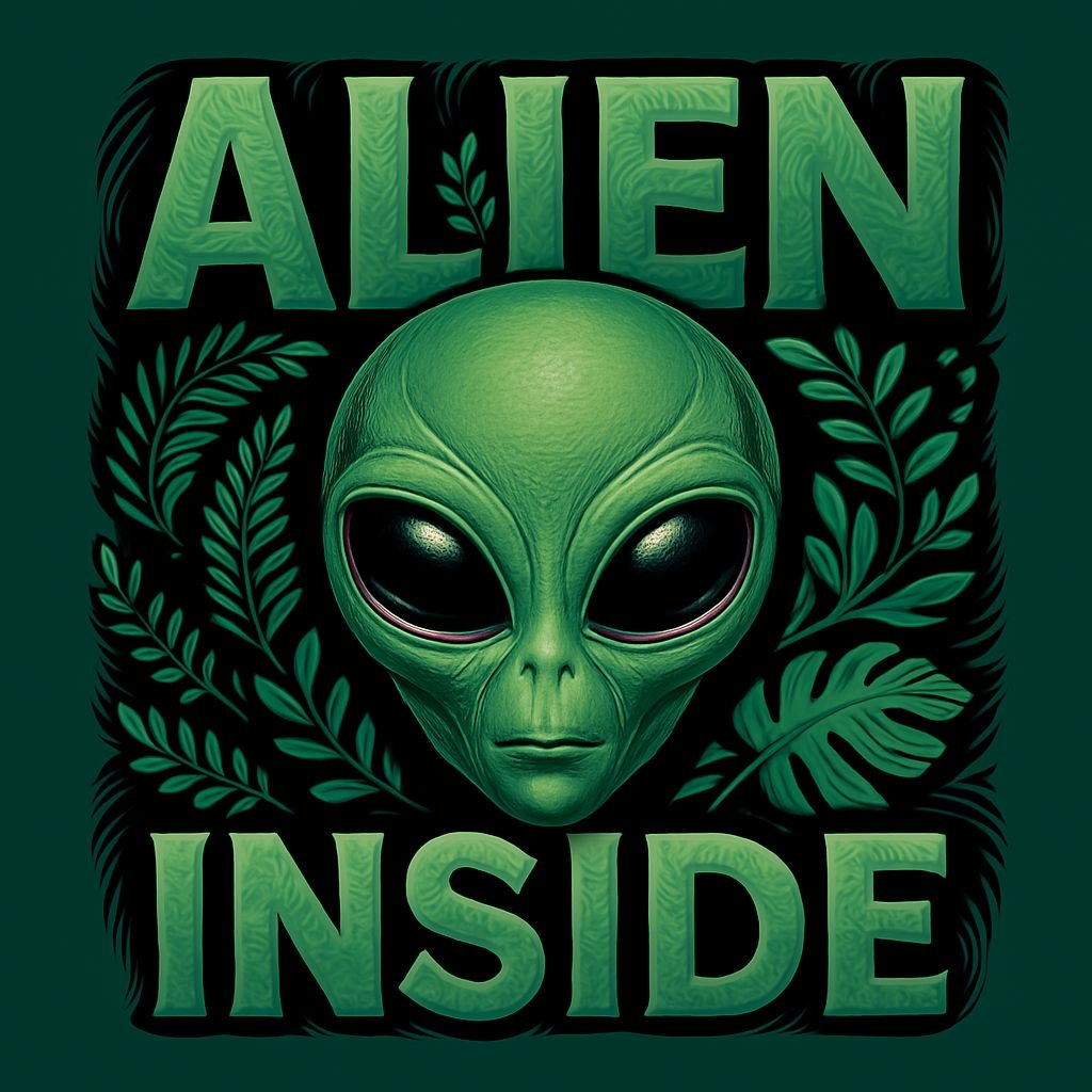 Vivid Green Alien Head Illustration with Tropical Foliage T-shirt