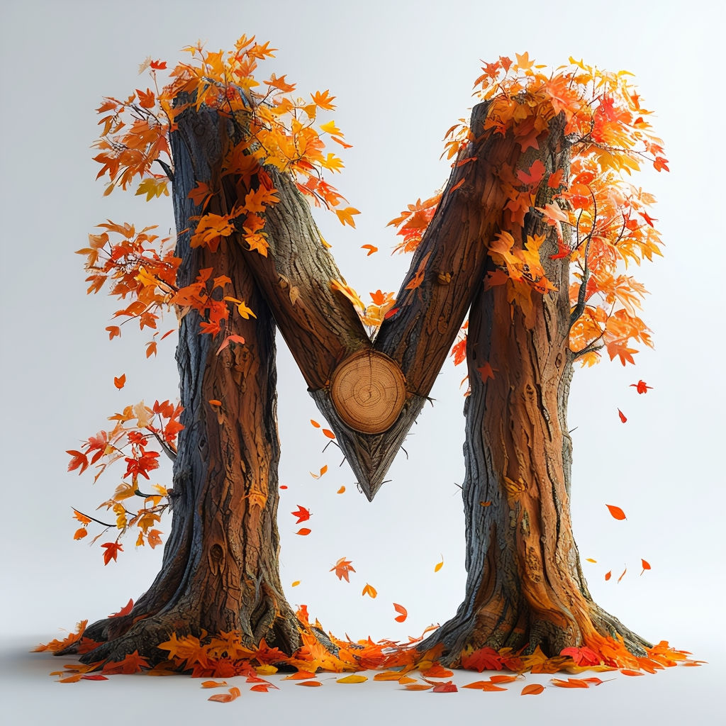 Intricately Detailed Tree Trunk Letter M with Autumn Leaves Art