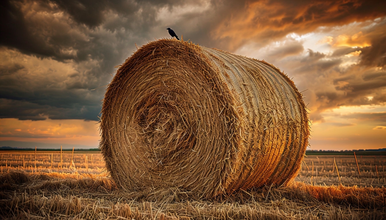 Dramatic Hay Bale Landscape with Stormy Sky Virtual Background