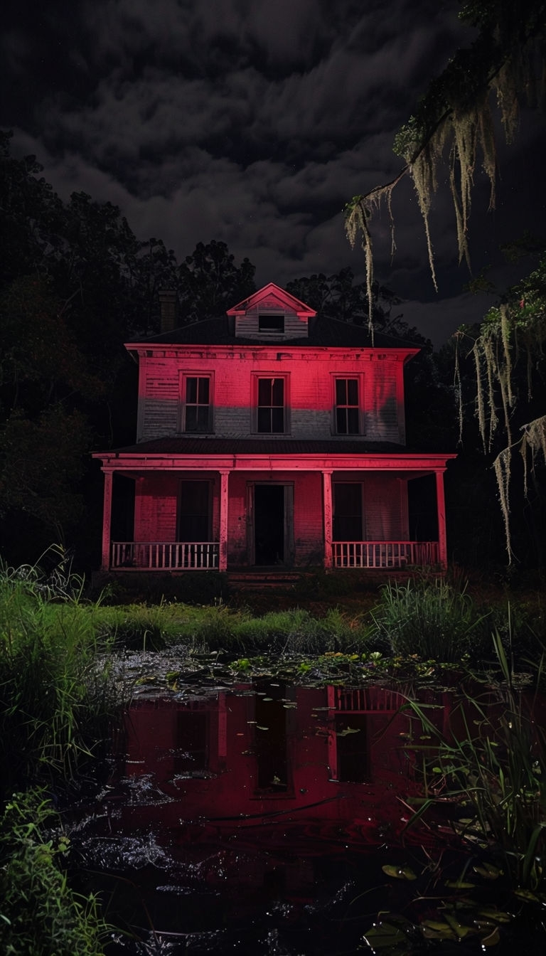 Mysterious Crimson Illuminated House at Night Mobile Wallpaper