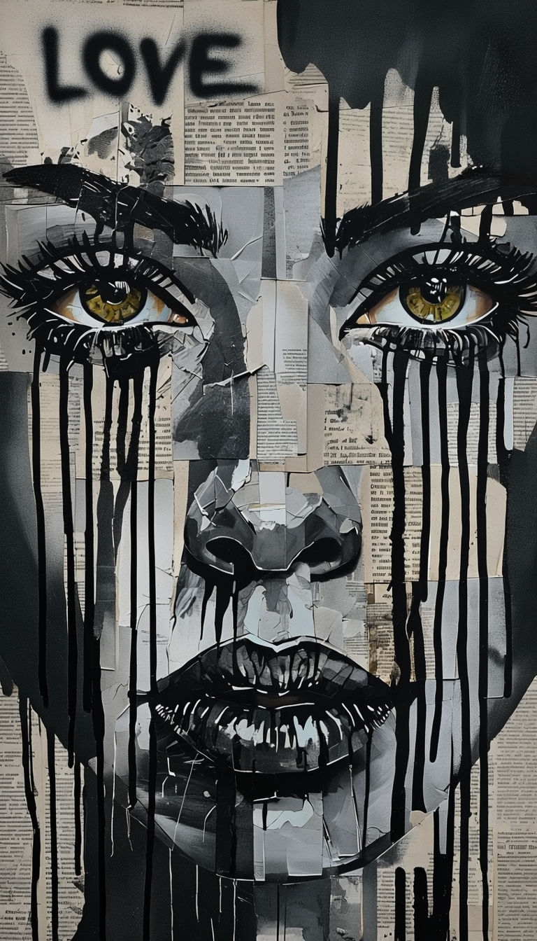 Emotional Mixed Media Human Face with Collage Elements Art