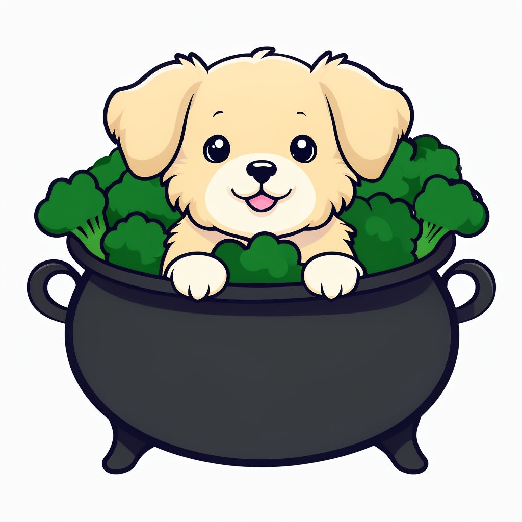 Cheerful Cartoon Puppy in Cauldron with Green Foliage Sticker