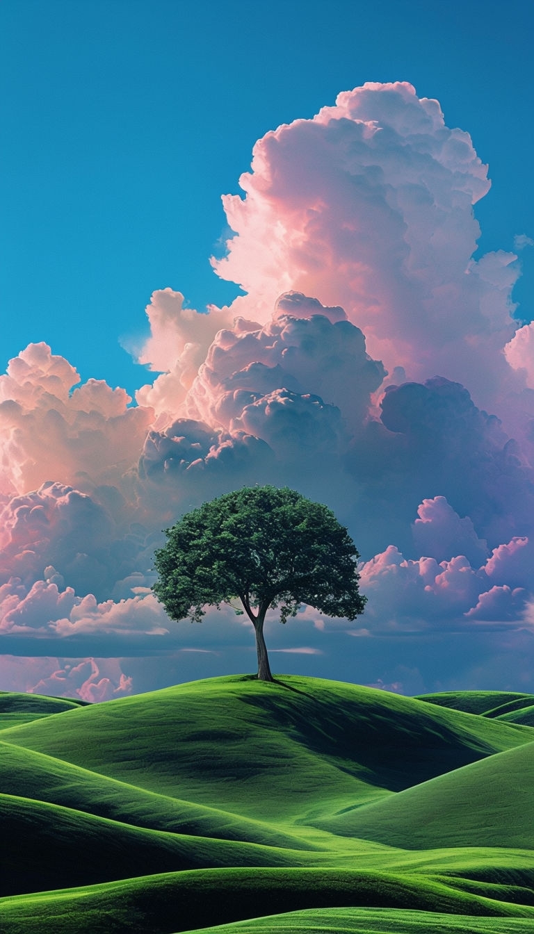 Serene Rolling Hills with Tree Under Vibrant Sky Mobile Wallpaper