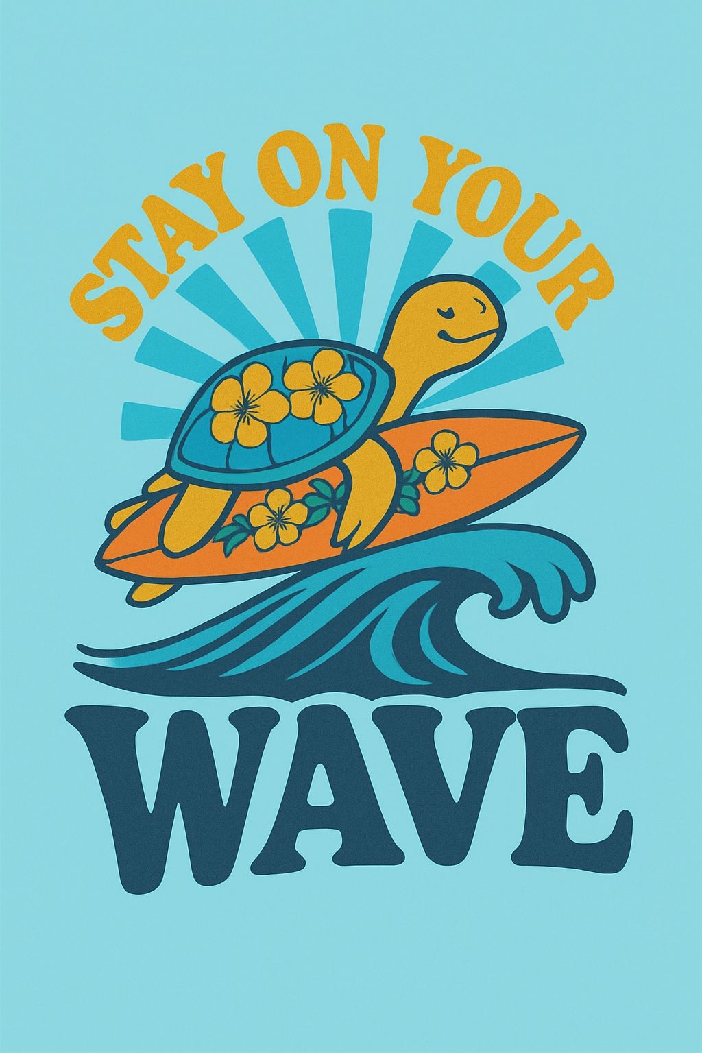 Cheerful Surfing Turtle with Hibiscus Flowers Poster
