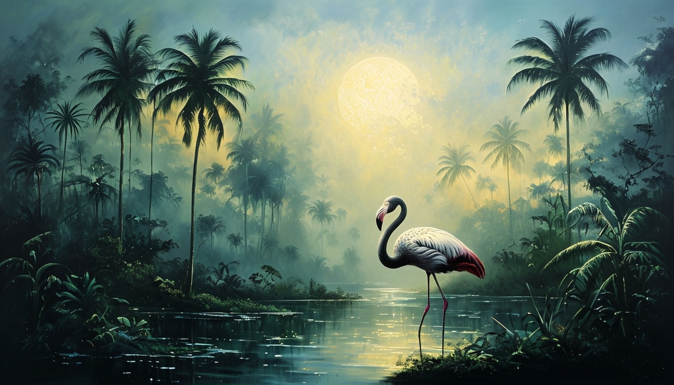 Tranquil Tropical Landscape with Flamingo Art for Peaceful Ambiance