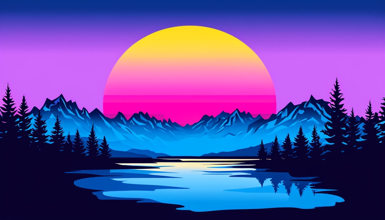 Serene Retro Sunset Landscape Digital Art for Virtual Backgrounds