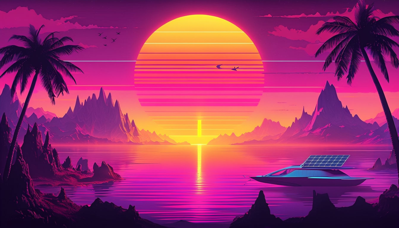 Retro-Futuristic Sunset Over Ocean with Palm Trees Background