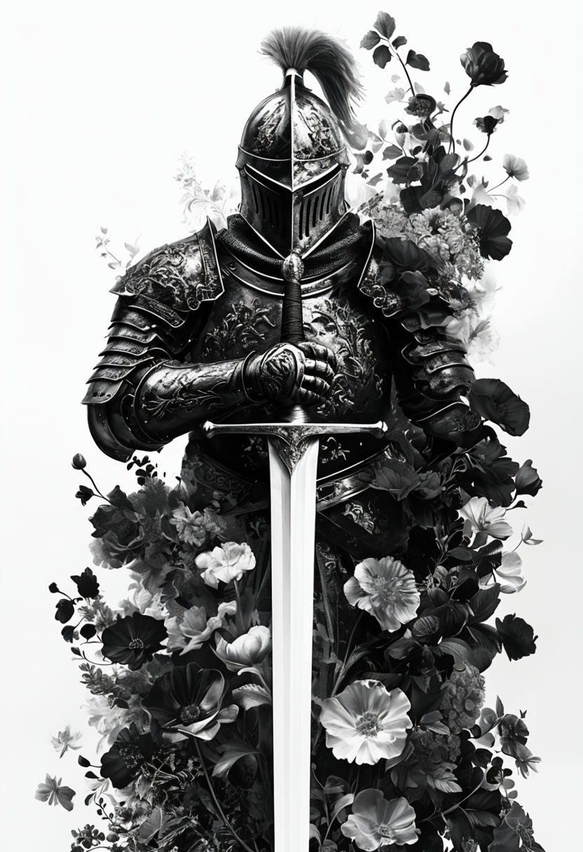 Majestic Armored Knight Surrounded by Floral Elements Art