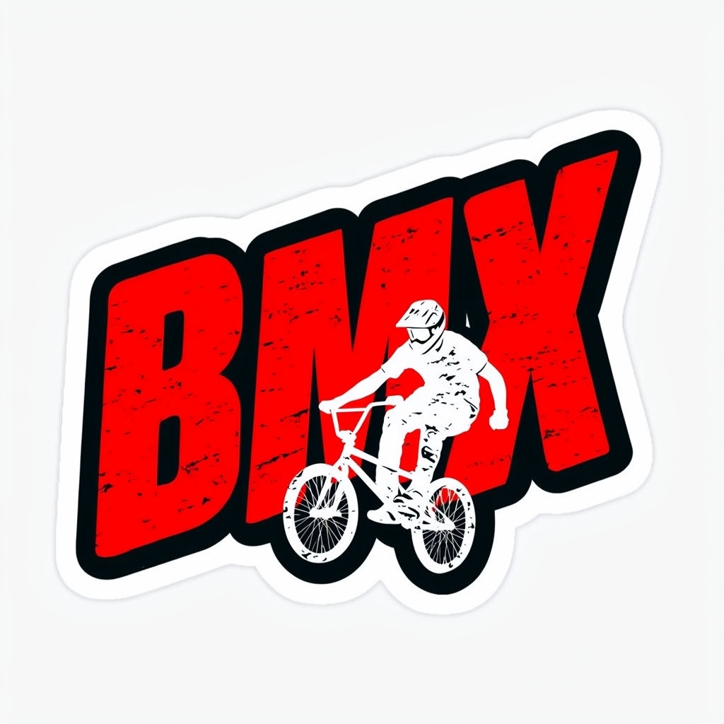 Dynamic BMX Rider Sticker Design with Bold Red Text