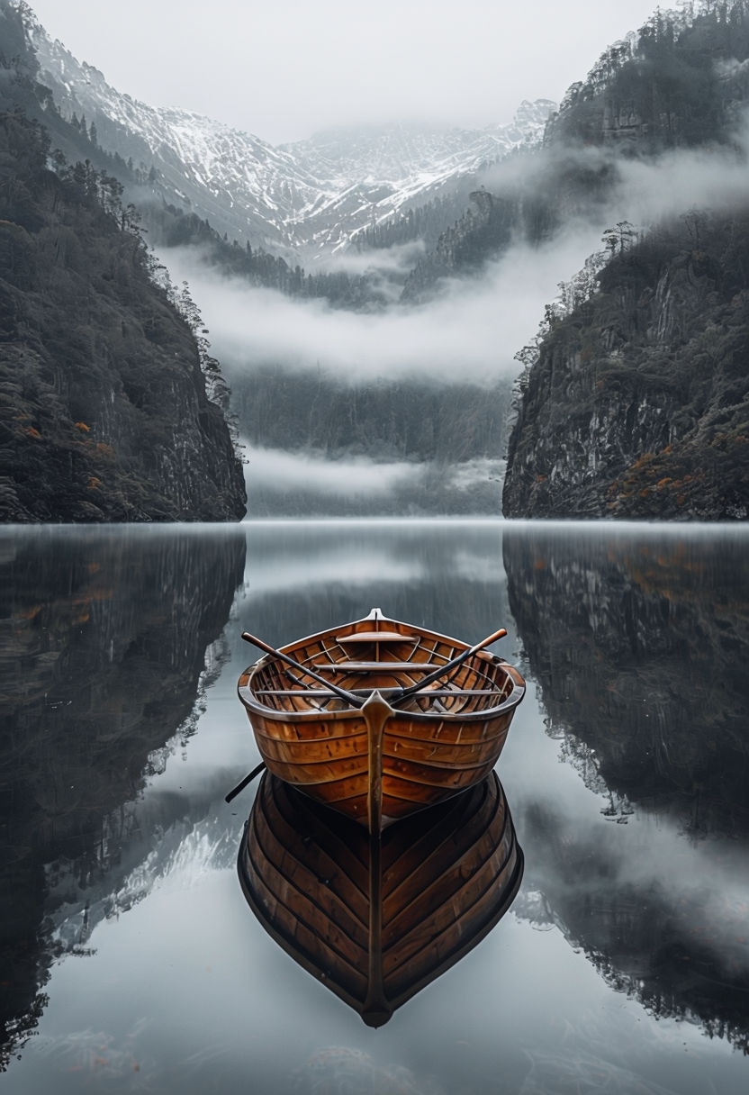 Tranquil Wooden Boat on Reflective Lake Photography Poster