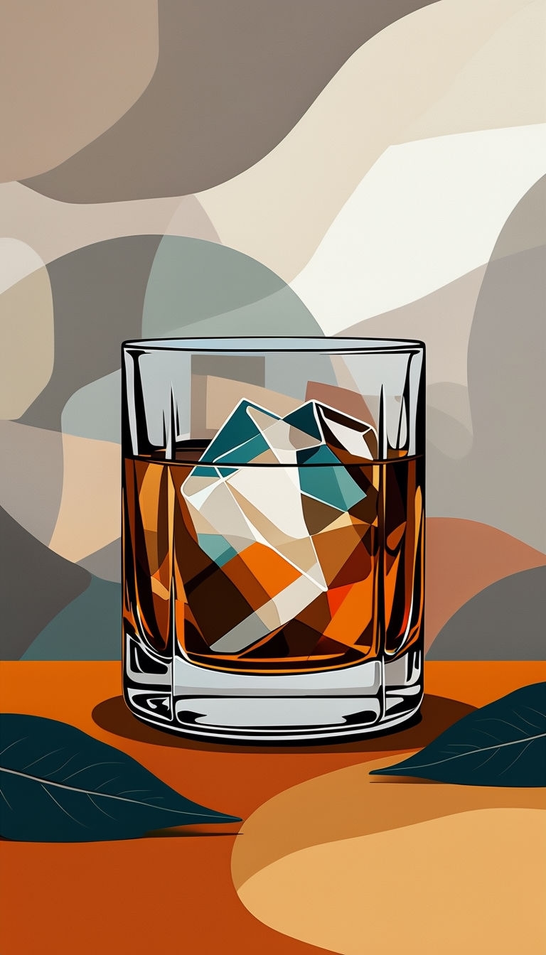 Stylized Amber Whiskey Glass Illustration with Geometric Ice Cubes Mobile Wallpaper