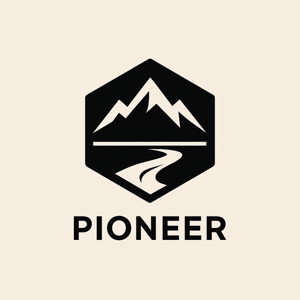 Minimalist Black Hexagon Logo with Mountains and River Design Logo