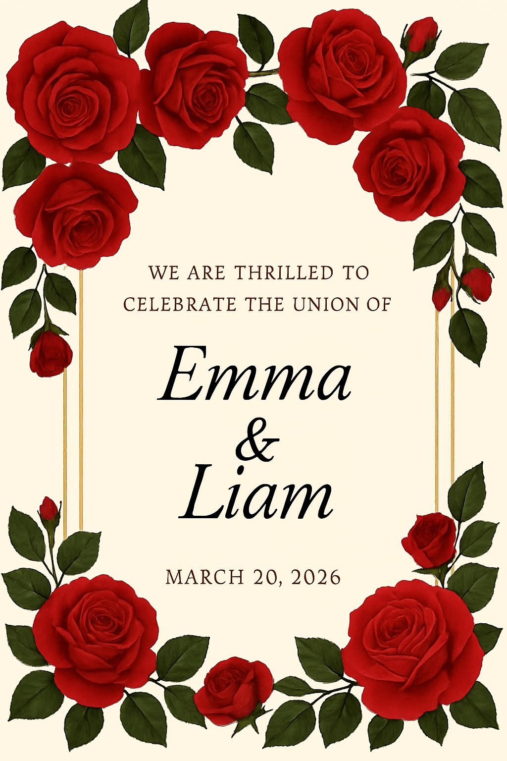 Elegant Wedding Invitation with Red Roses and Gold Accents Card