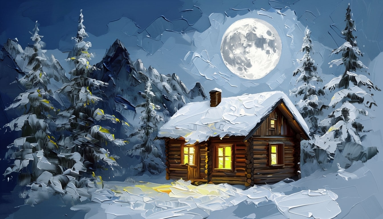 Cozy Mountain Cabin in Moonlight Digital Painting for Virtual Backgrounds