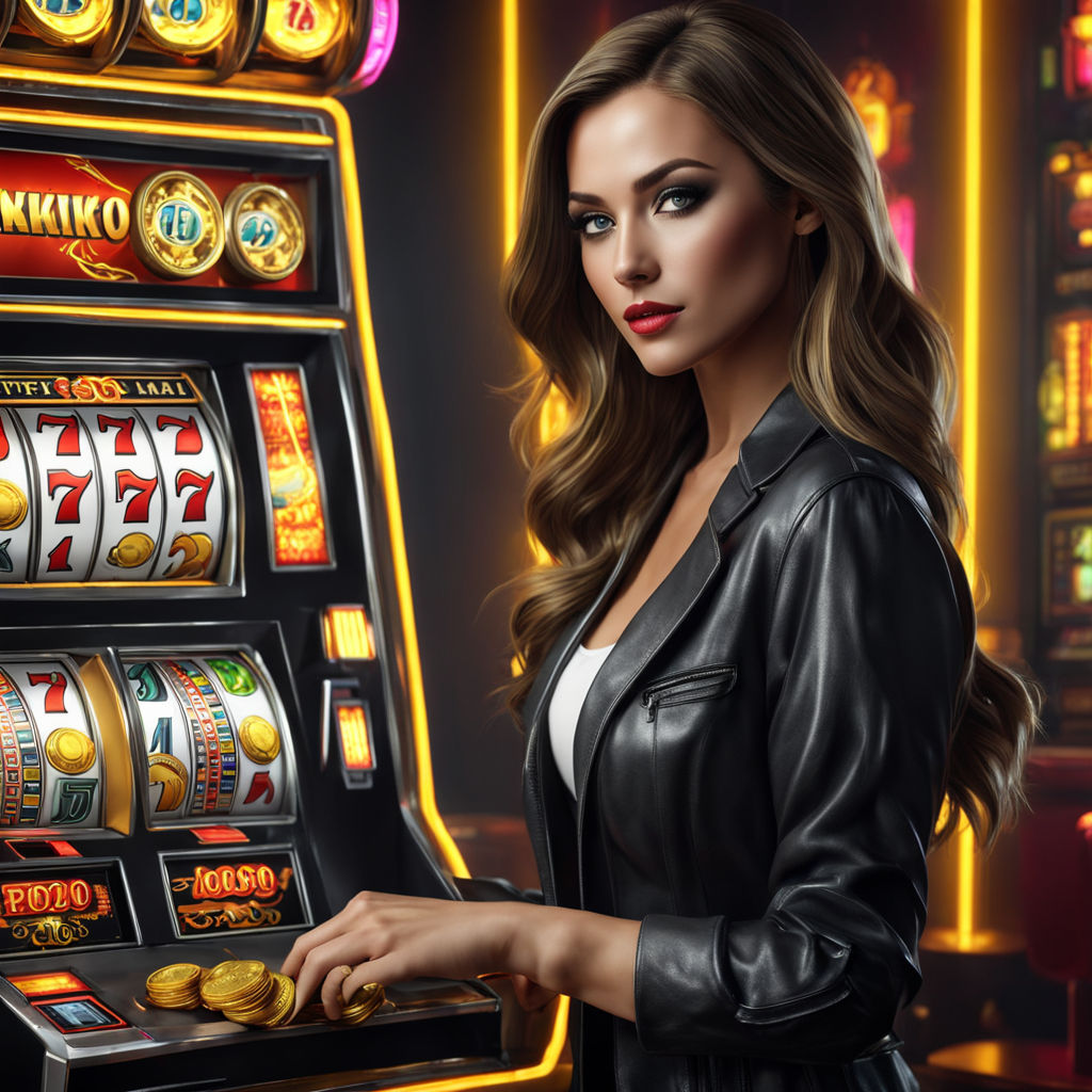 Slot character, female, clutching golden coins, standing before a slot machine backdrop, ultra-realistic 3D, 4K resolution, grayscale palette with yellow accents, enriched by neon glows and smoke effects, cinematic, dramatic lighting