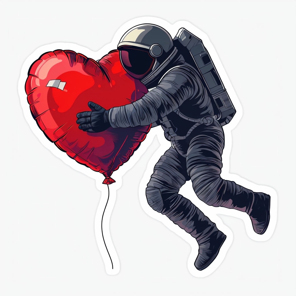 Astronaut Embracing Heart Balloon in Space Illustration Sticker