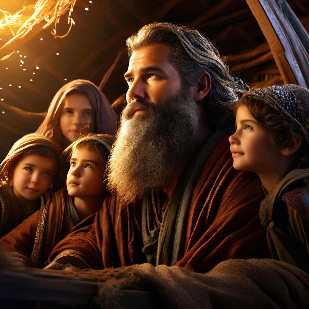 Noah with a big beard inside the ark with his 4 sons and wif... by ...