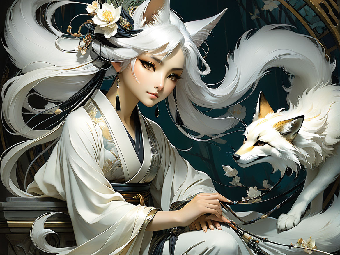 gentle and beautiful fox girl with long white hair