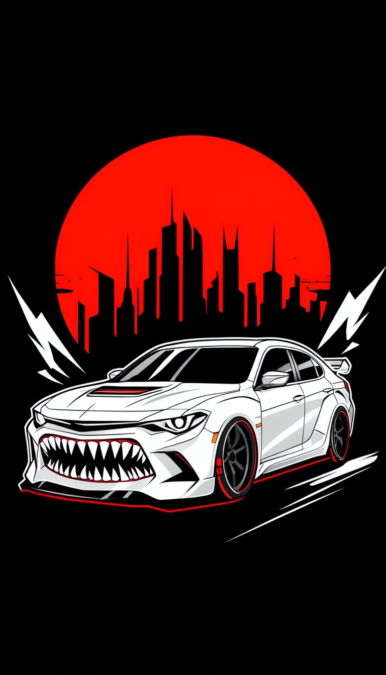 Fierce Cartoon Car with Jagged Teeth and Cityscape Background Mobile Wallpaper