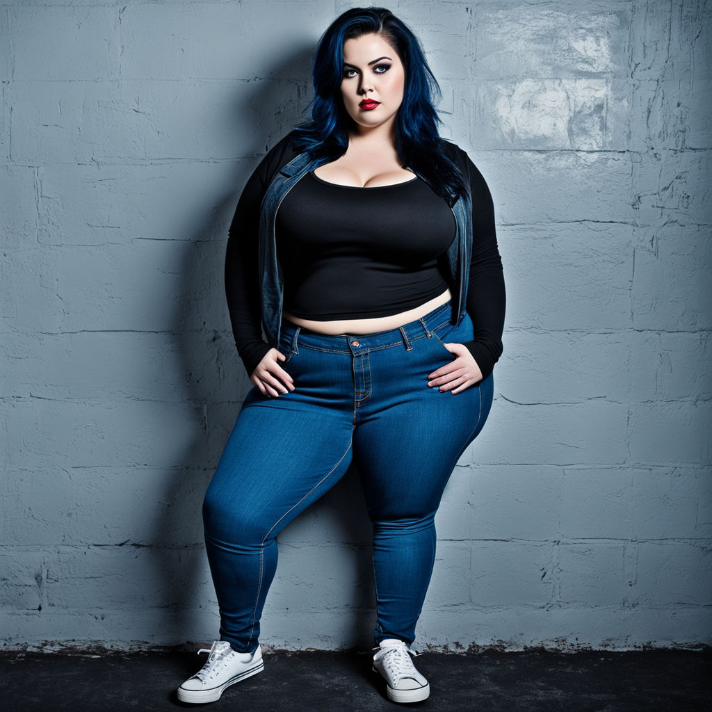 Chubby young woman too fat for jeans belly crop top