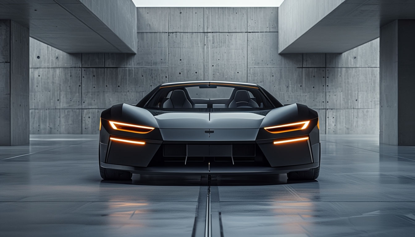 Futuristic Black Car in Industrial Concrete Setting Background Virtual Backgrounds