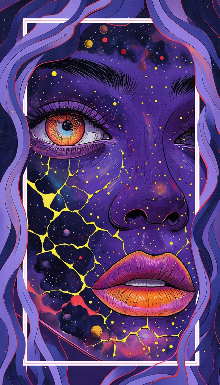 Surreal Neon Cosmic Face Art with Abstract Elements Wallpaper