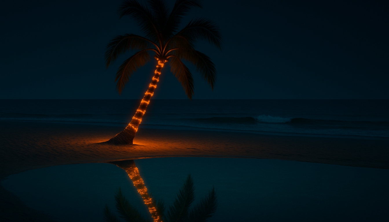 Tranquil Tropical Beach Night Scene with Illuminated Palm Tree Virtual Backgrounds