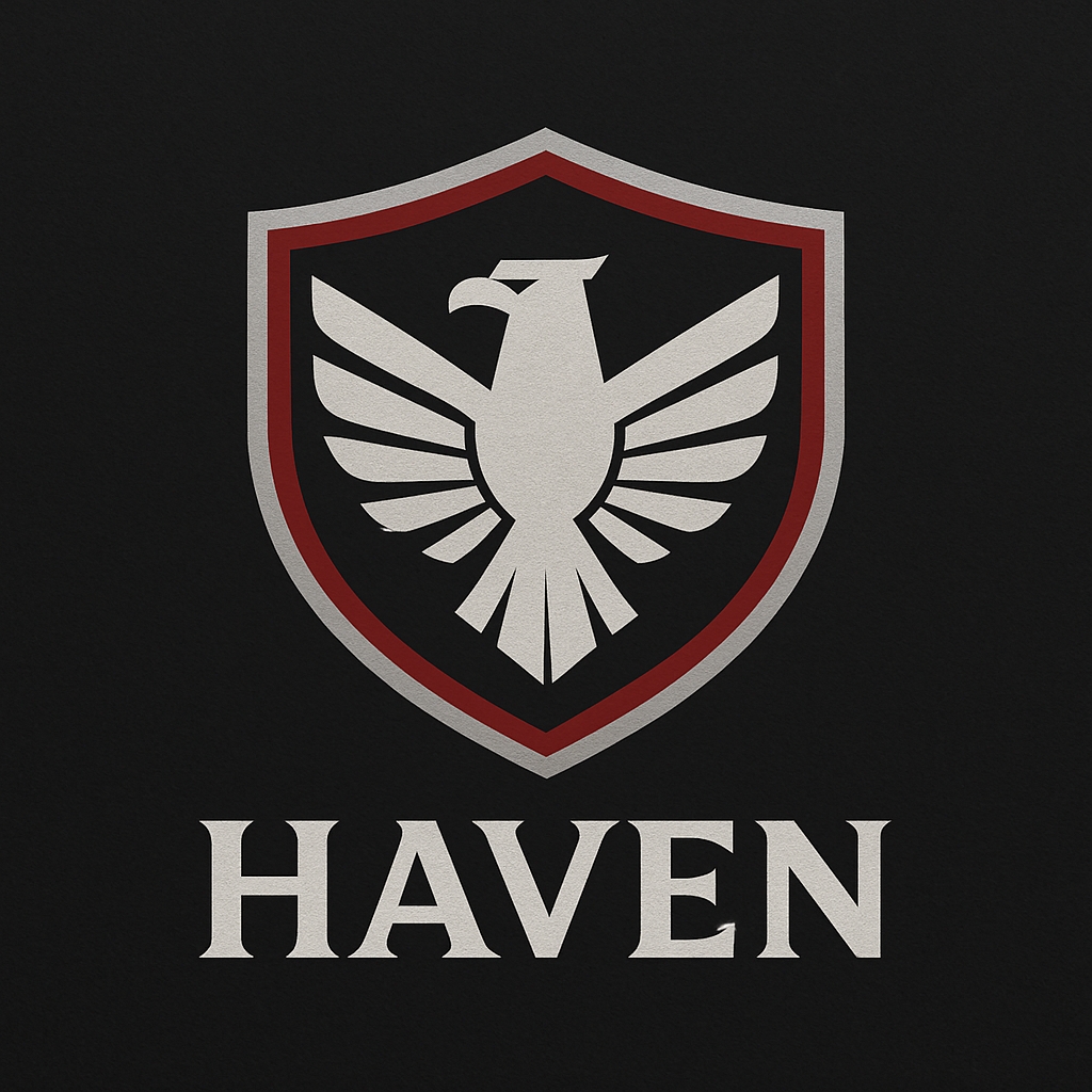 Minimalist Eagle Shield Logo Design with Vintage Haven Text Logo