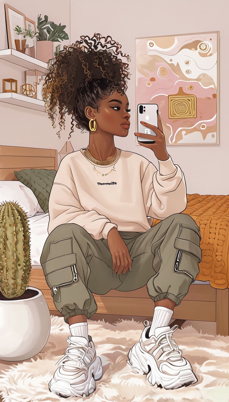 Cozy Bedroom Scene with Woman Taking a Mirror Selfie Art