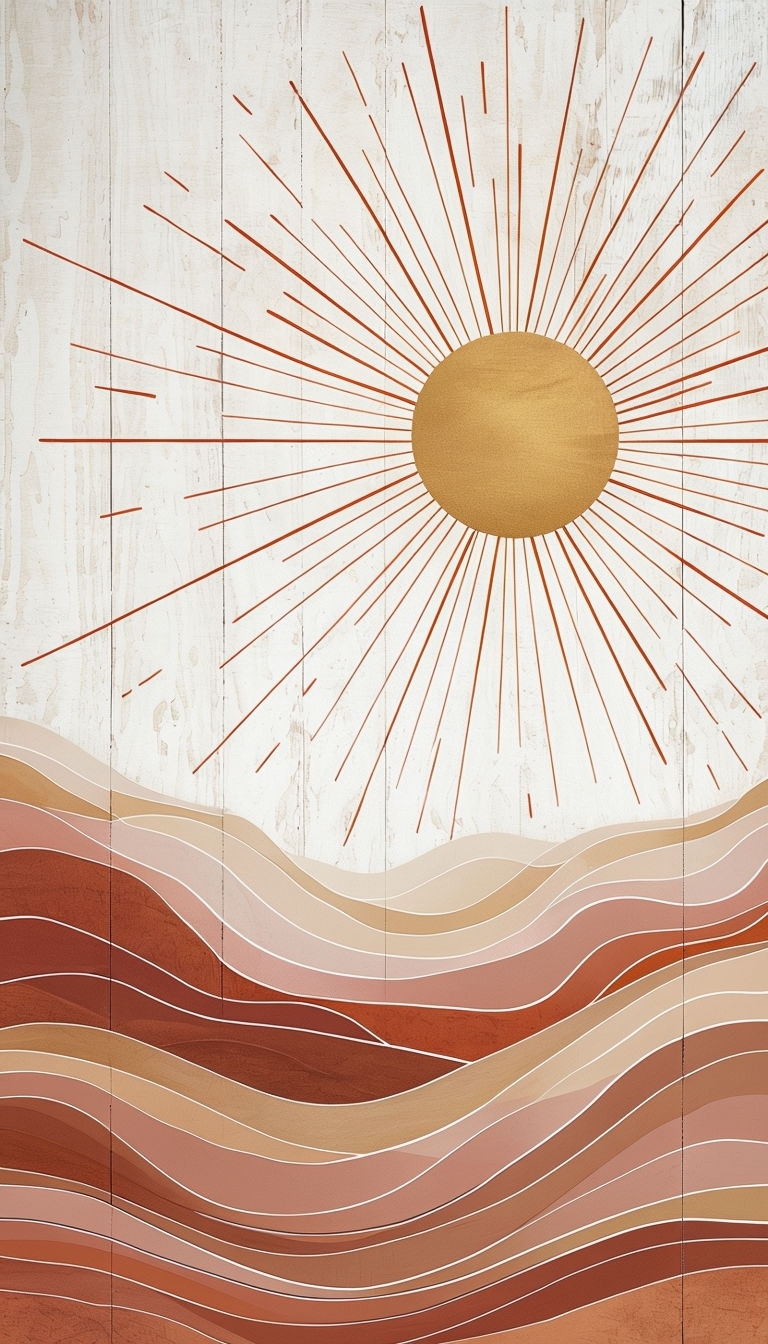 Stylized Sunrise Abstract Illustration on Textured Wood Art