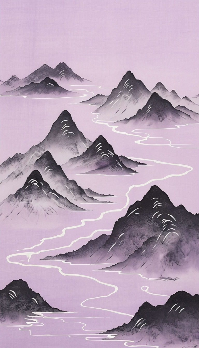 Serene Lavender Mountain Landscape Artwork with Flowing River Art