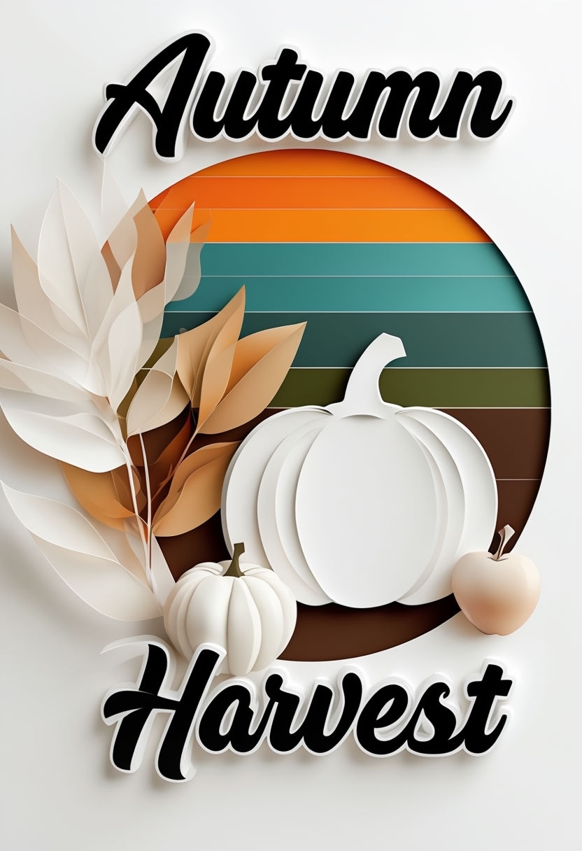 Modern Autumn Harvest Pumpkin and Apple Paper-Cut Art Poster