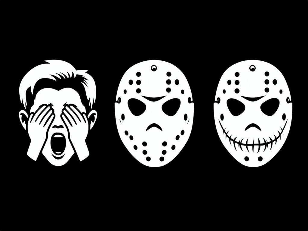 Eerie Horror Icons: Screaming Face and Hockey Masks T-Shirt