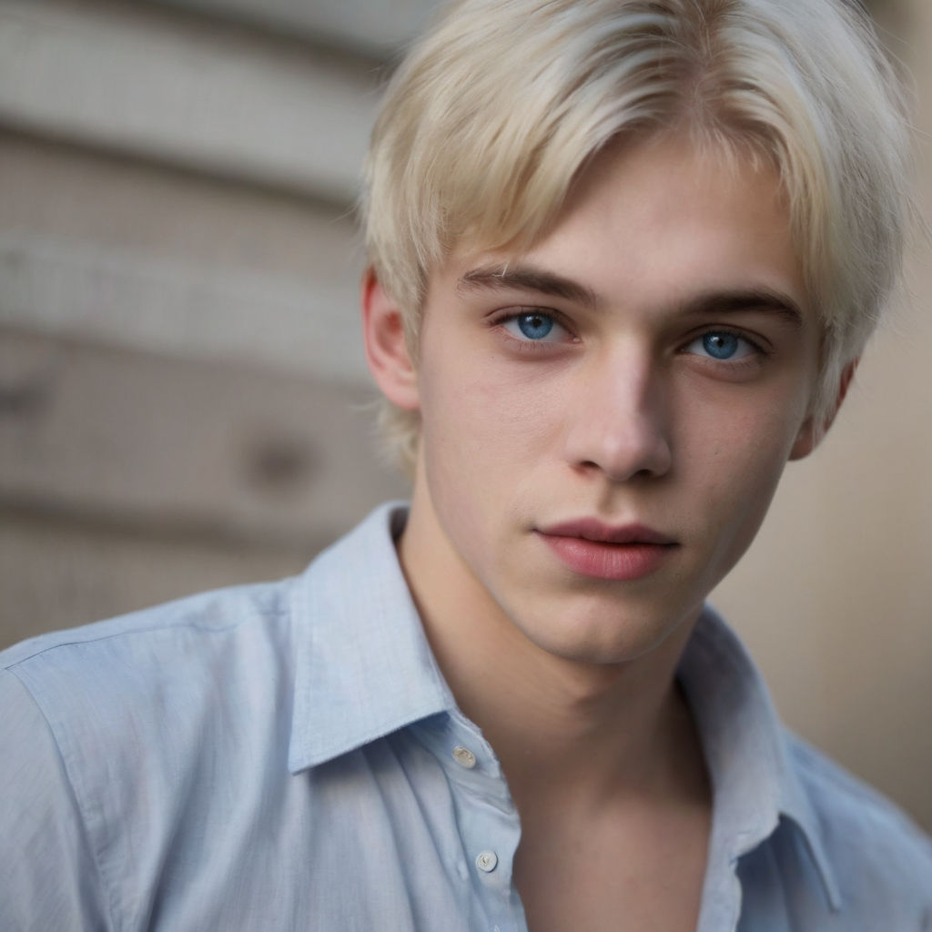 a hot blonde male with pale skin and blue eyes