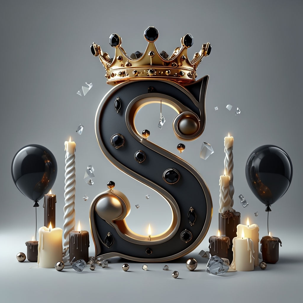 Luxurious 3D Letter S with Crown and Candles Illustration Monogram