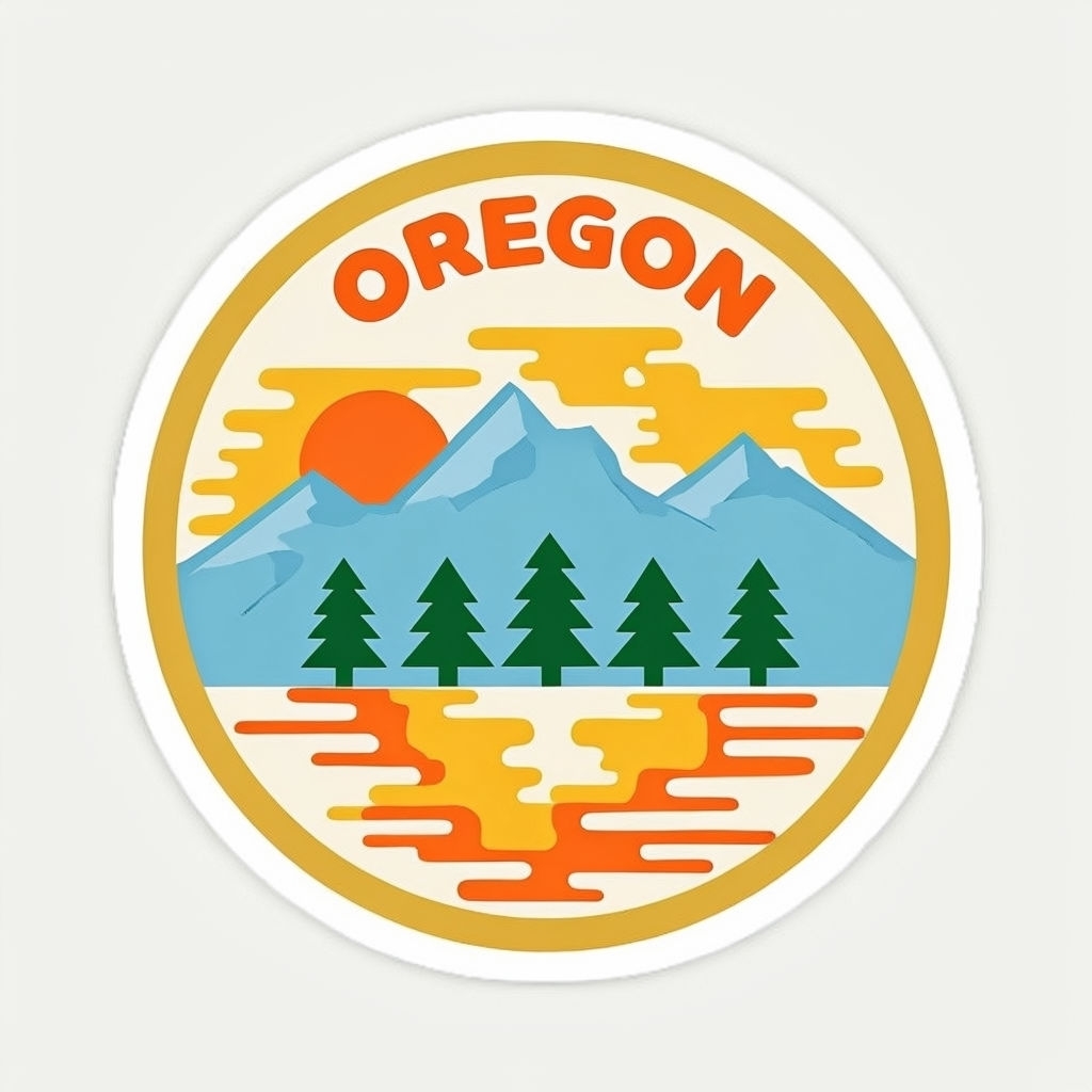 Stylized Oregon Landscape with Mountains and Sun Sticker